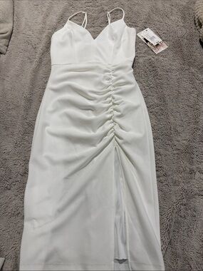 Honey and Rosie White Ruched Spaghetti-Strap Midi Dress with Sweetheart Neckline